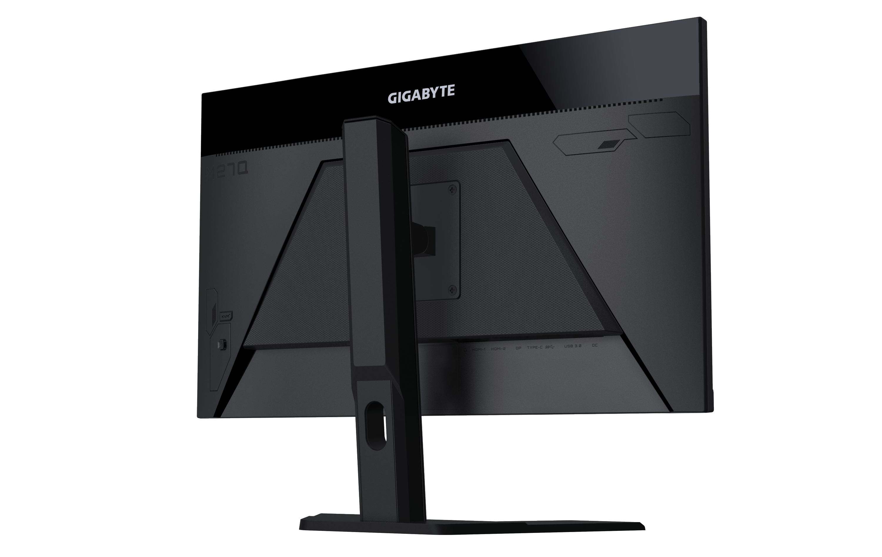 Rückansicht eines schwarzen Gigabyte-Monitors mit Ständer und Anschlüssen.