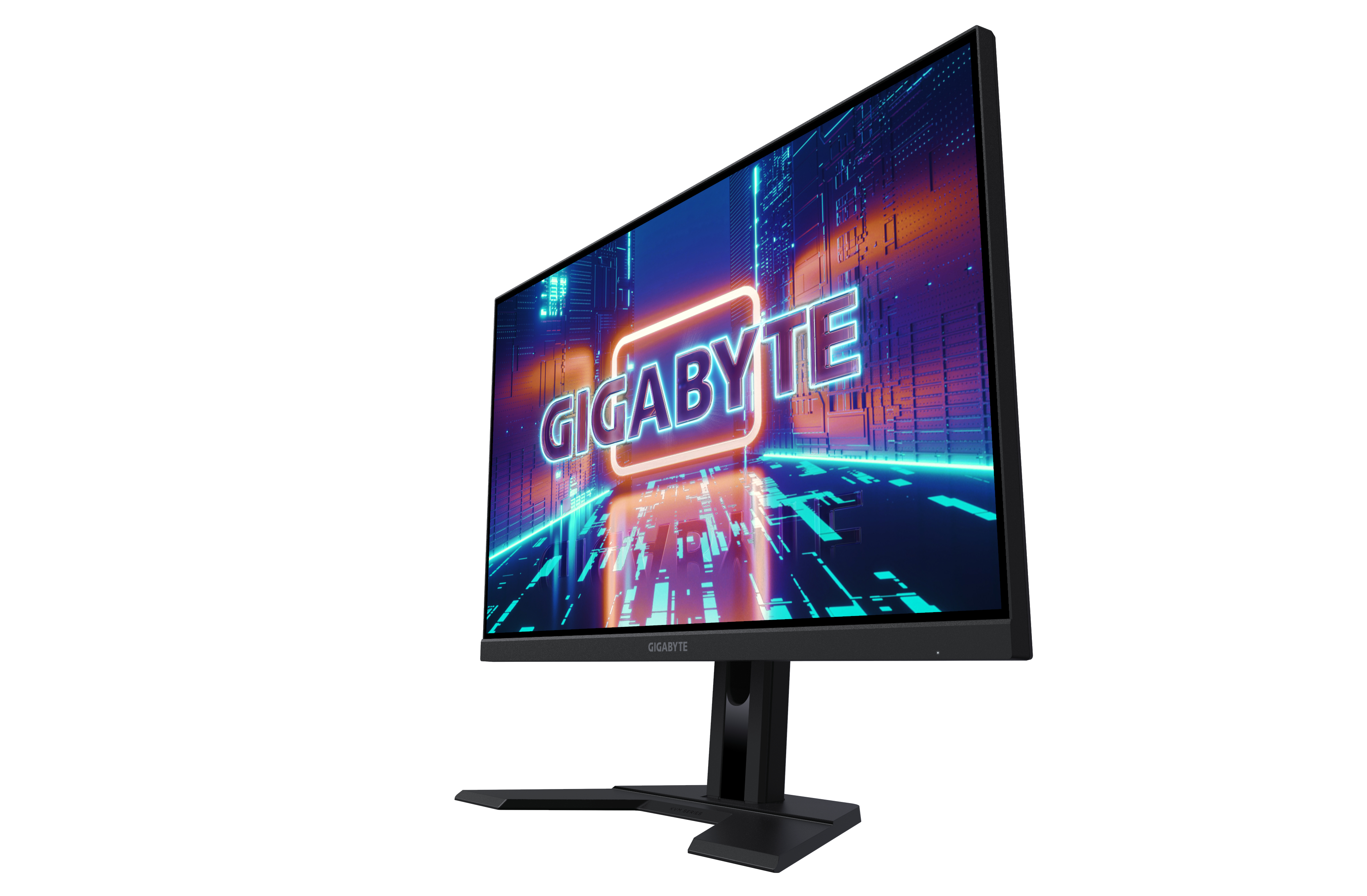 Gigabyte Monitor mit schwarzem Rahmen, zeigt das Logo der Marke auf dem Bildschirm.
