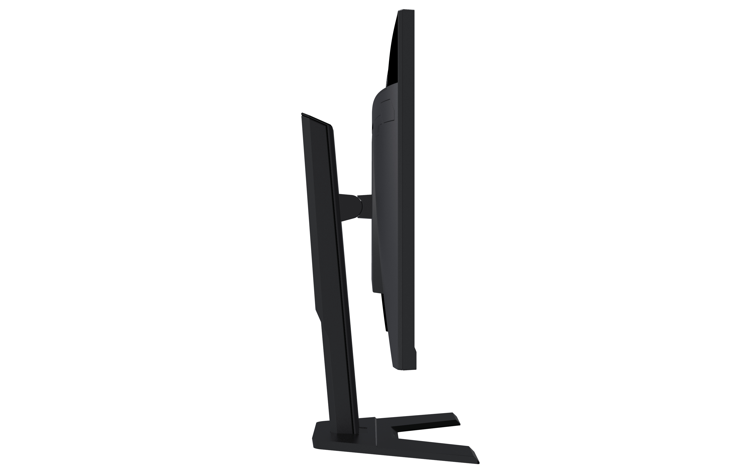 Schwarzer Computermonitor auf einem Ständer, Seitenansicht, mit weißem Hintergrund.