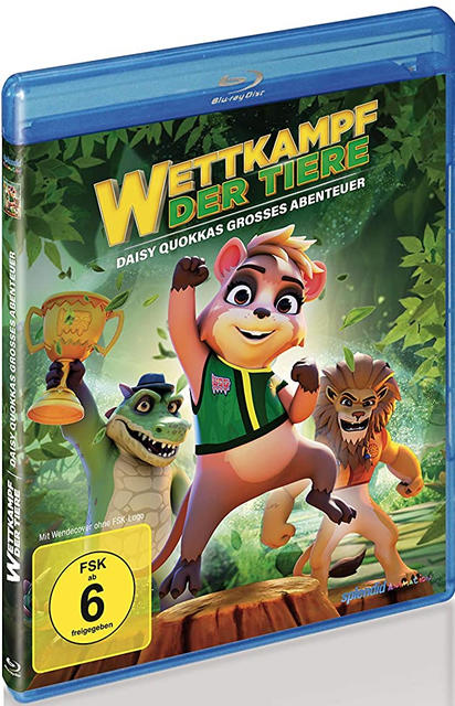 Blu-ray-Disc-Cover mit Zeichentricktieren. Helles blaues Gehäuse mit Text.