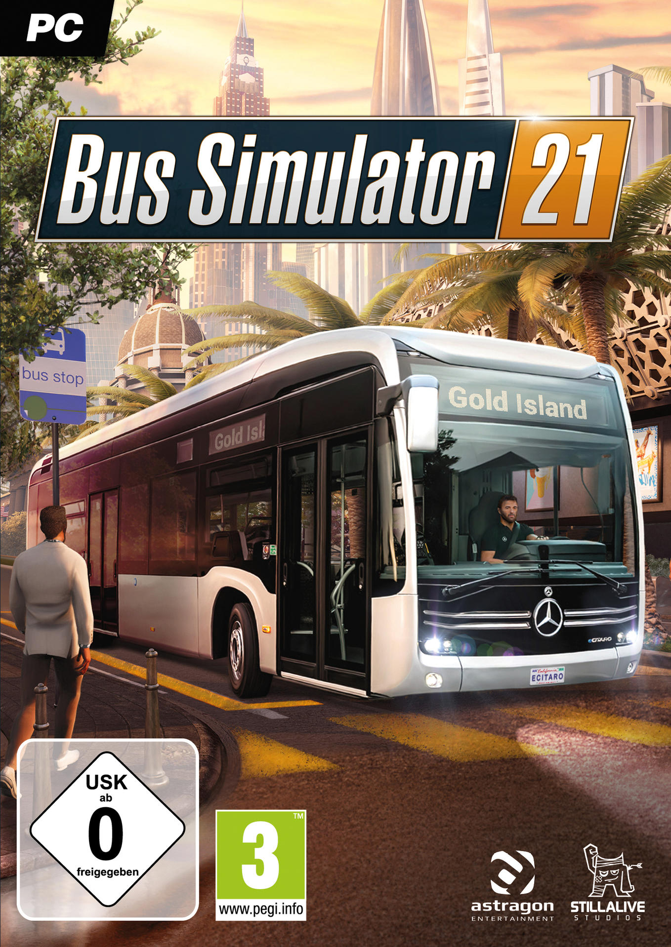 Bus Simulator 21-Spielcover. Zeigt einen Bus auf einer Stadtstraße. Das Spiellogo ist sichtbar.