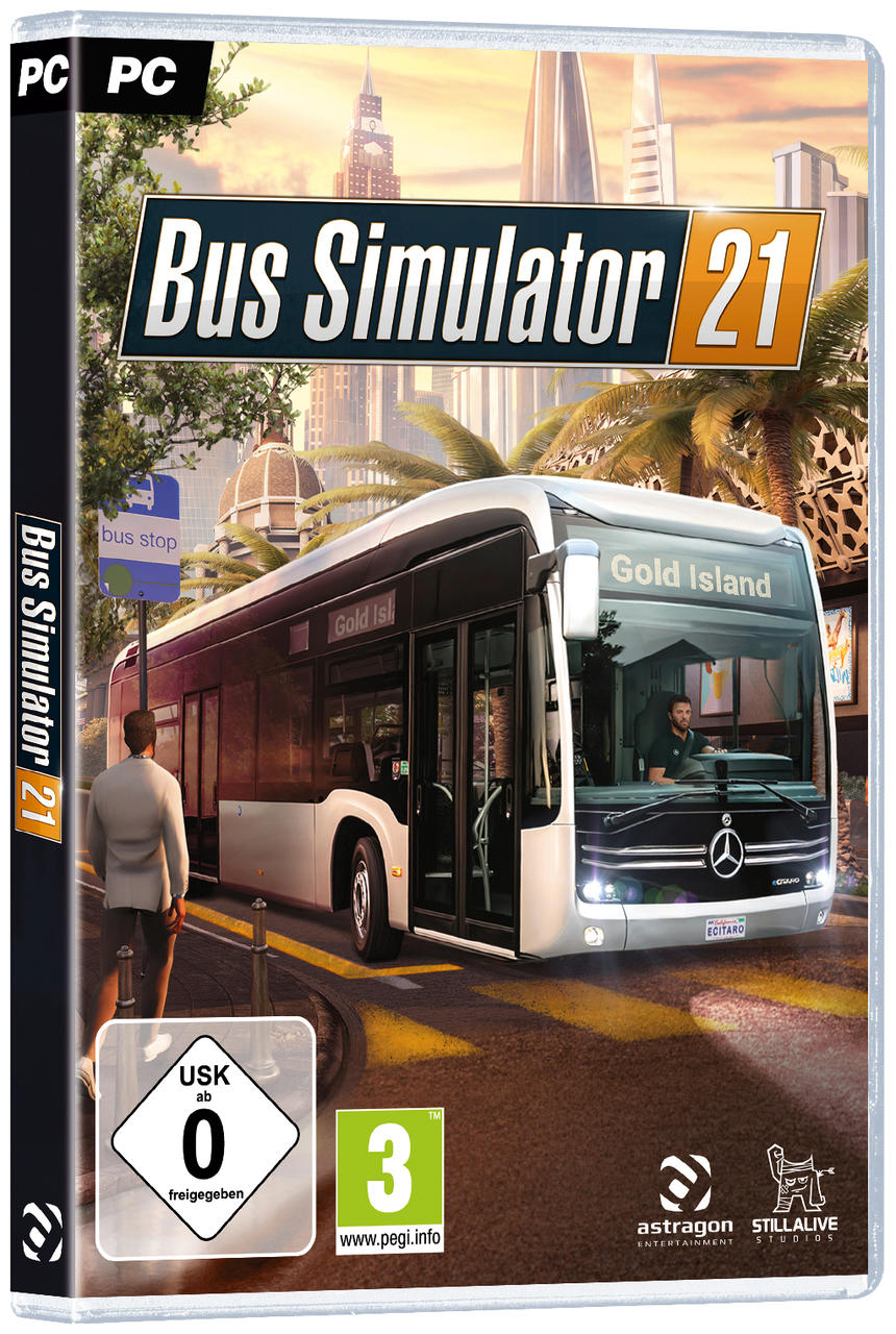 Bus Simulator 21 Spielebox mit Bus und Stadt, mit Spieldetails.