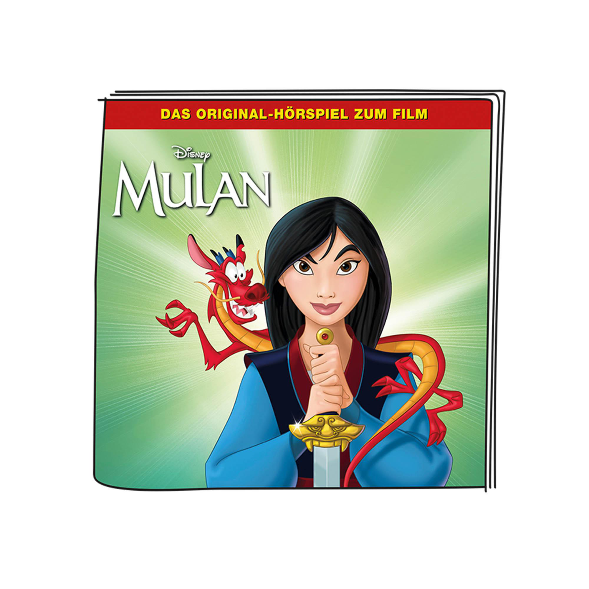 Mulan-Filmcover mit Mulan, die ein Schwert und einen roten Drachen hält.