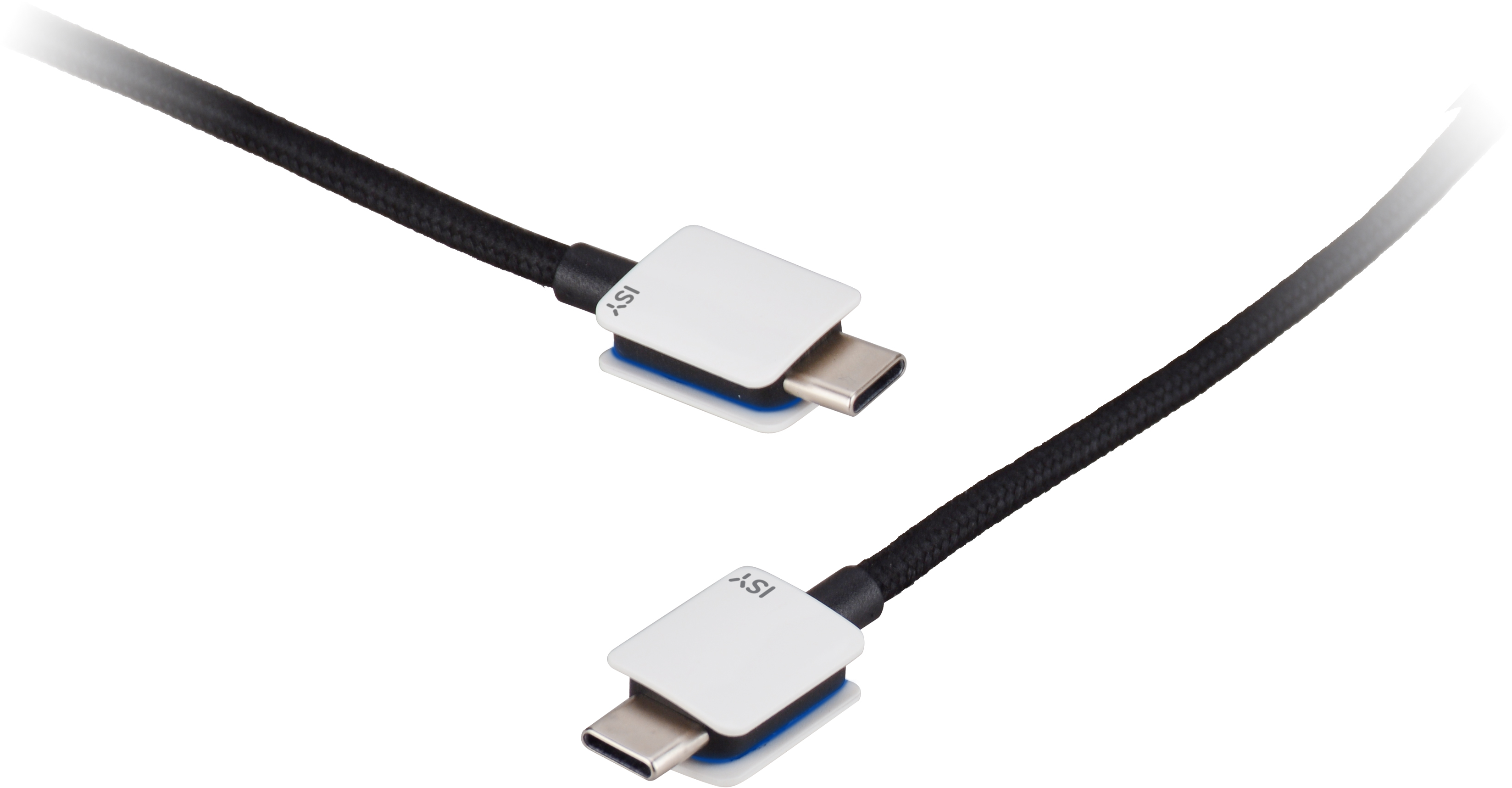 Deux câbles USB-C, noir et blanc, avec connecteurs blancs et le logo 'iSY'.