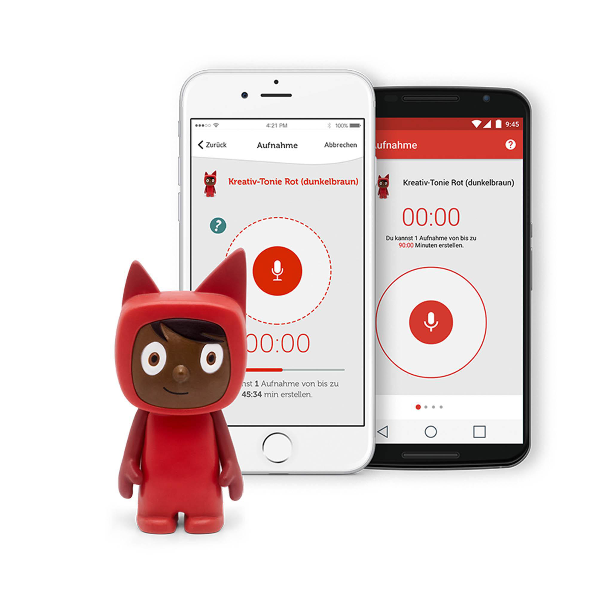 Zwei Smartphones und eine Toniebox-Figur mit der Toniebox-App auf dem Bildschirm.