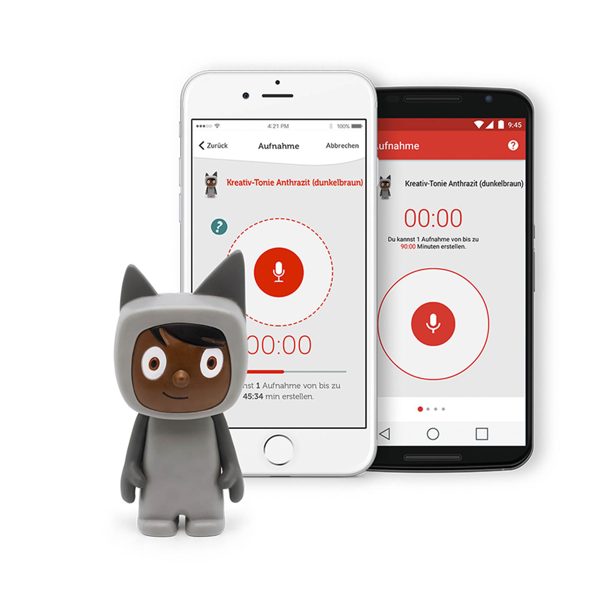 Ein Spielzeugroboter mit zwei Handys, die eine Aufnahme-App-Oberfläche anzeigen.