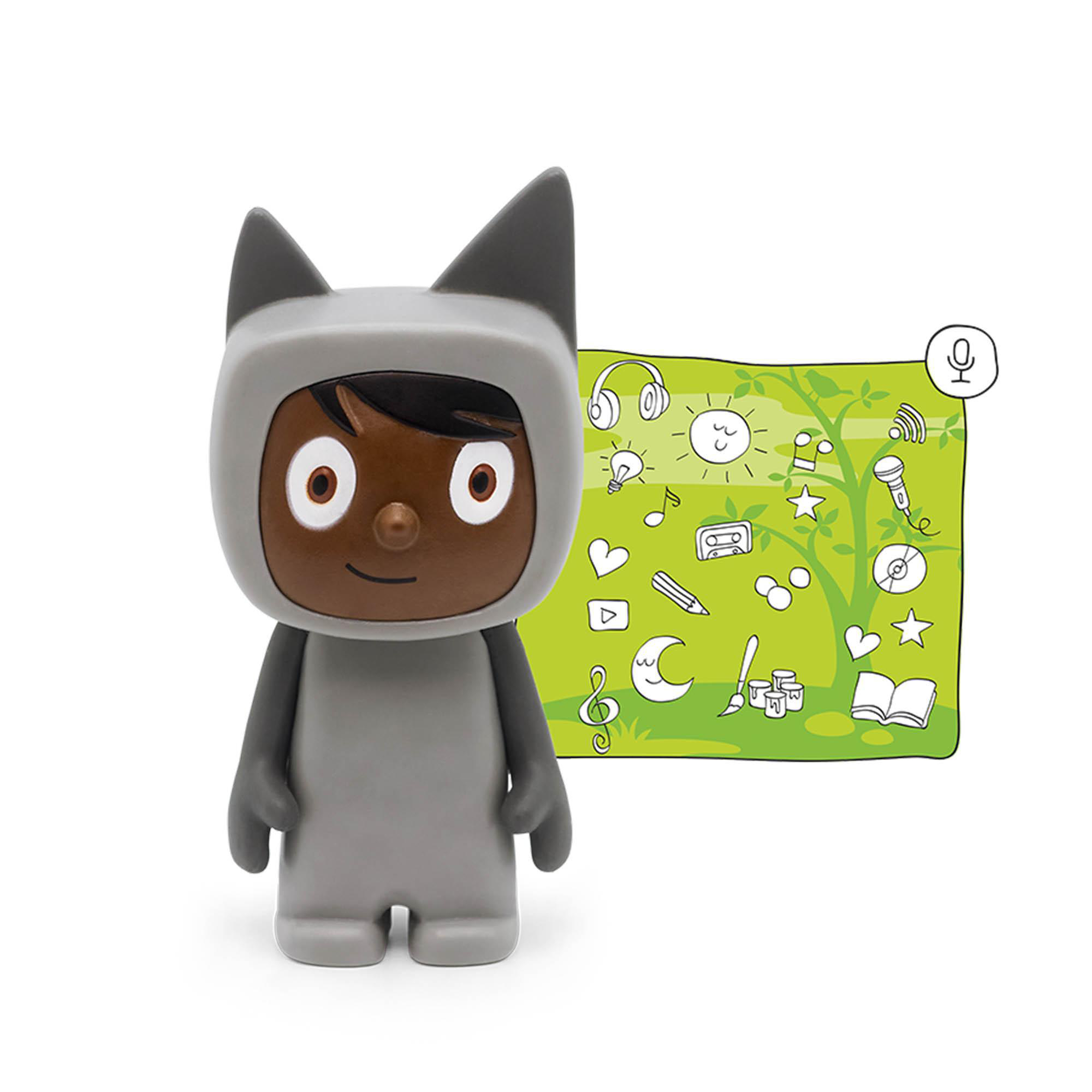 Cartoonfigur in einem Katzenkostüm mit grünem Hintergrund und Symbolen.