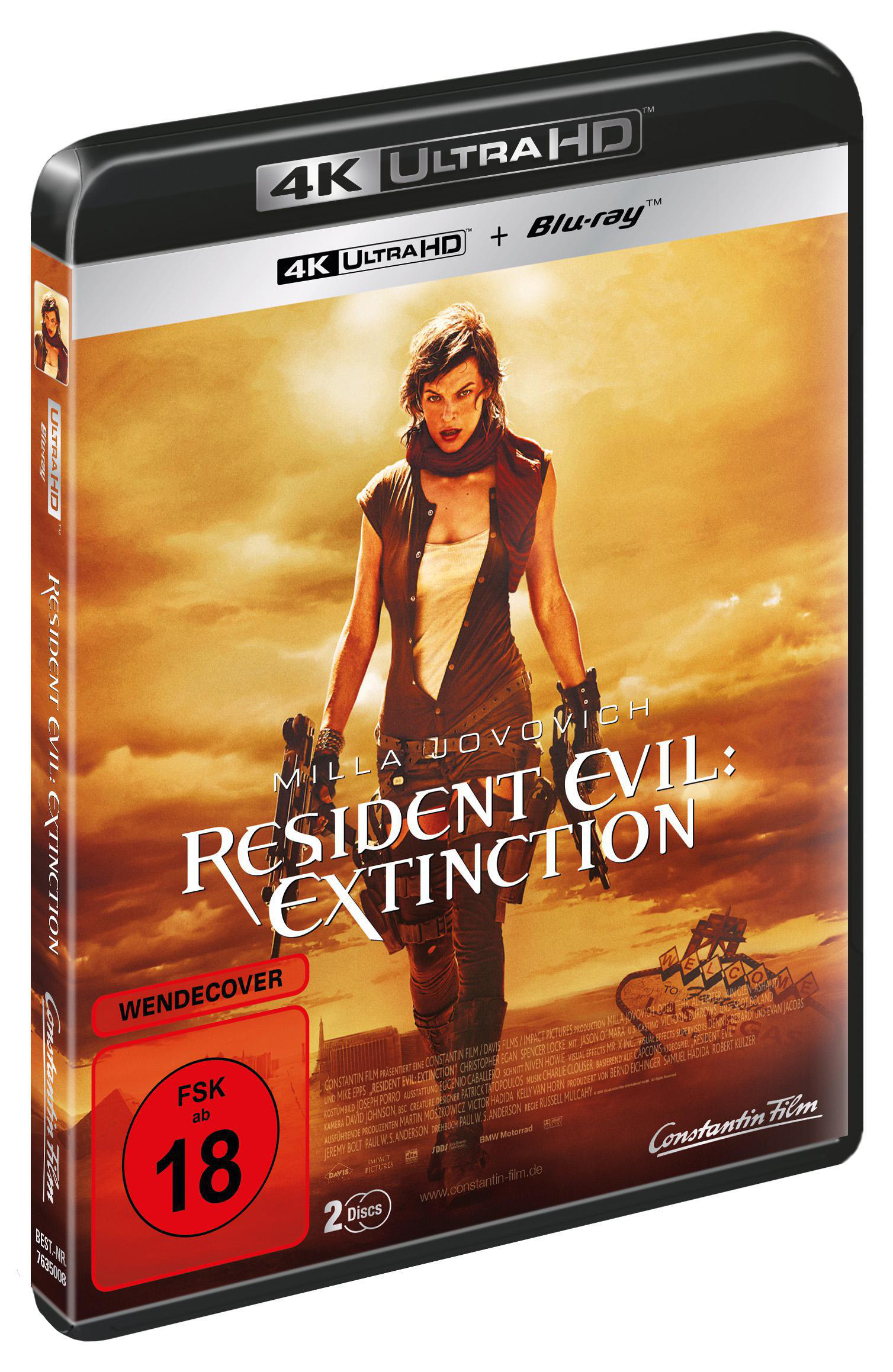 Eine 4k Ultra HD Blu-ray Hülle für den Film Resident Evil: Extinction, mit Milla Jovovich.