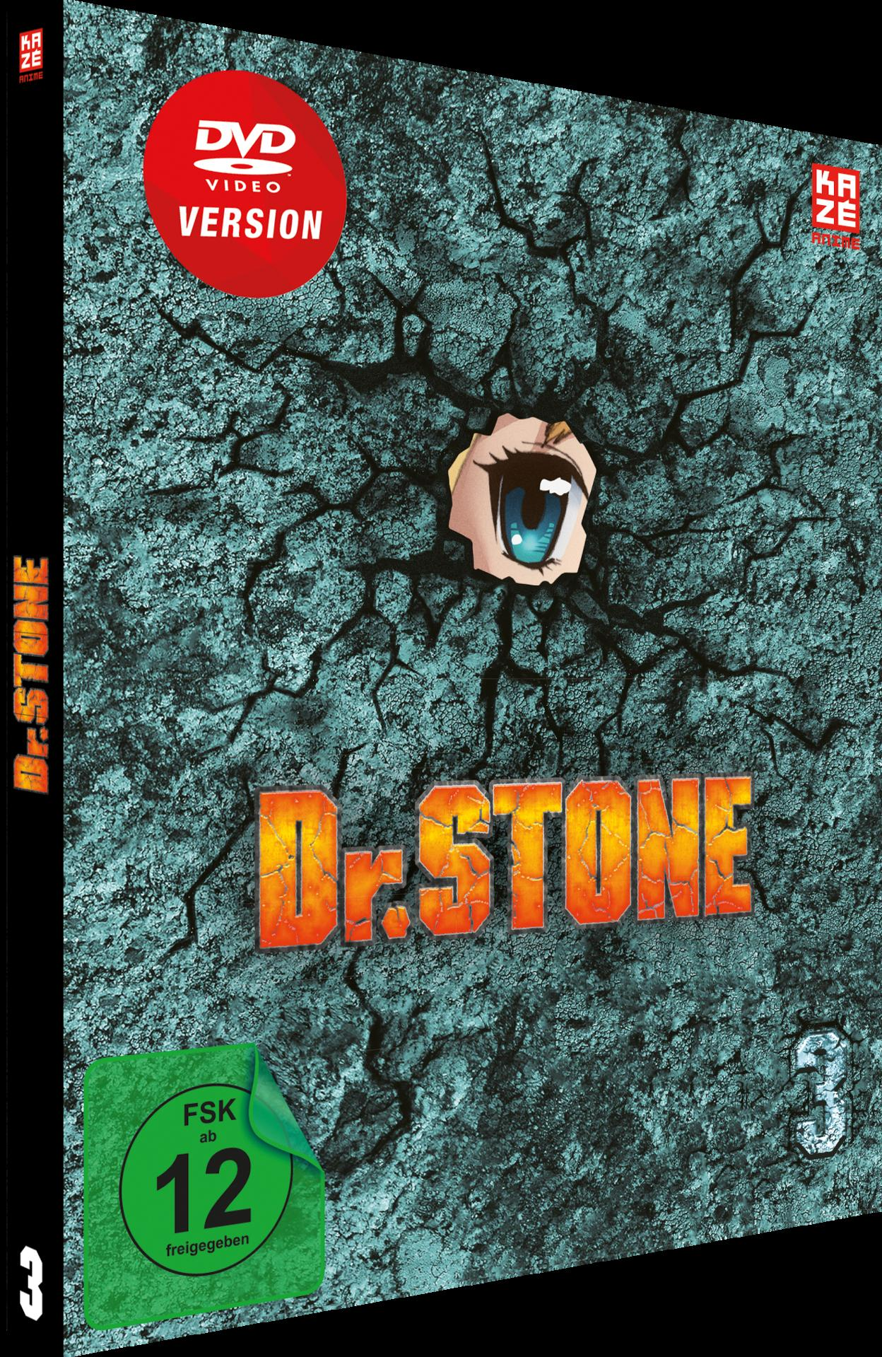 DVD-Cover von Dr. Stone mit Auge, das durch einen Riss blickt. Der Titel ist orange.