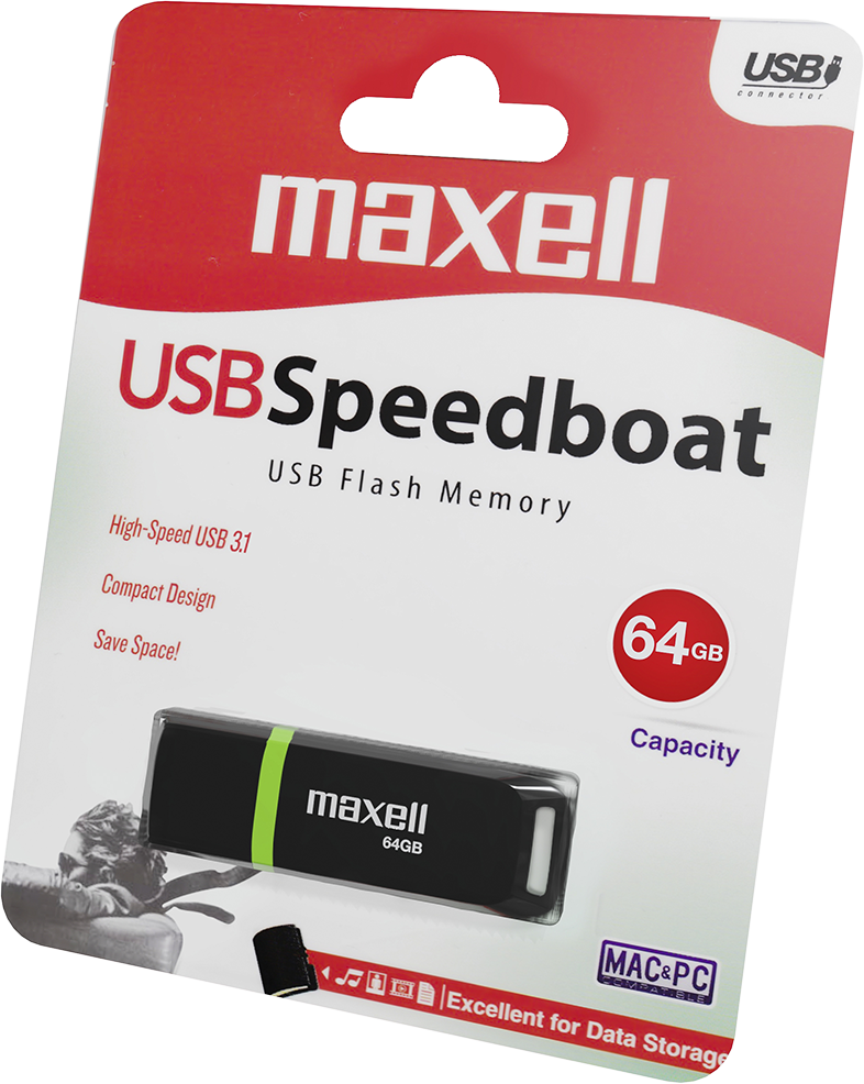USB flash meghajtó csomagolásban, 'USB Speedboat' felirattal és '64GB' kapacitásjelzővel.