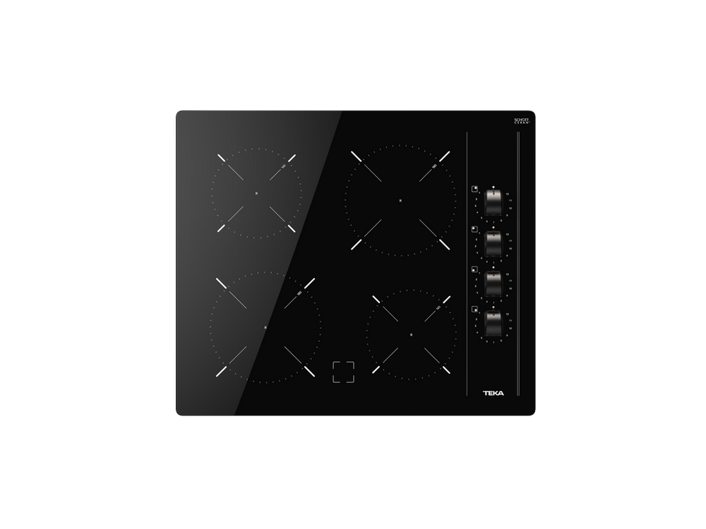 Placa de cocina de vidrio negro con cuatro quemadores y mandos en el lado derecho.