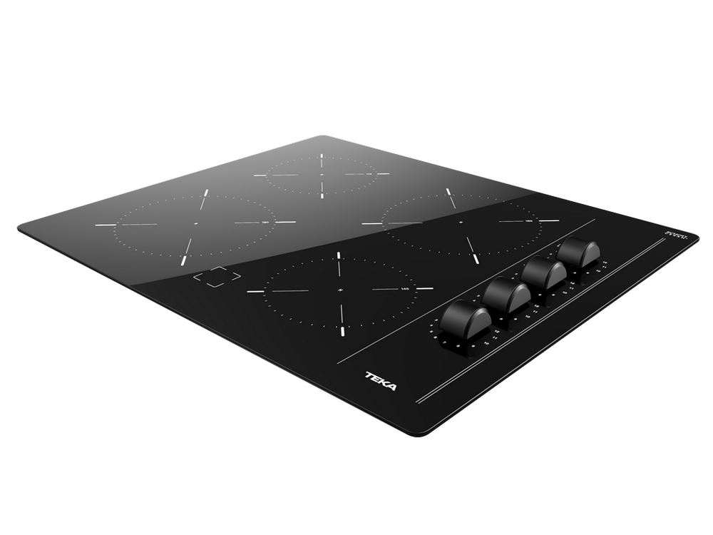 Placa de cocina de vidrio negro con 4 quemadores y perillas de control a la derecha.
