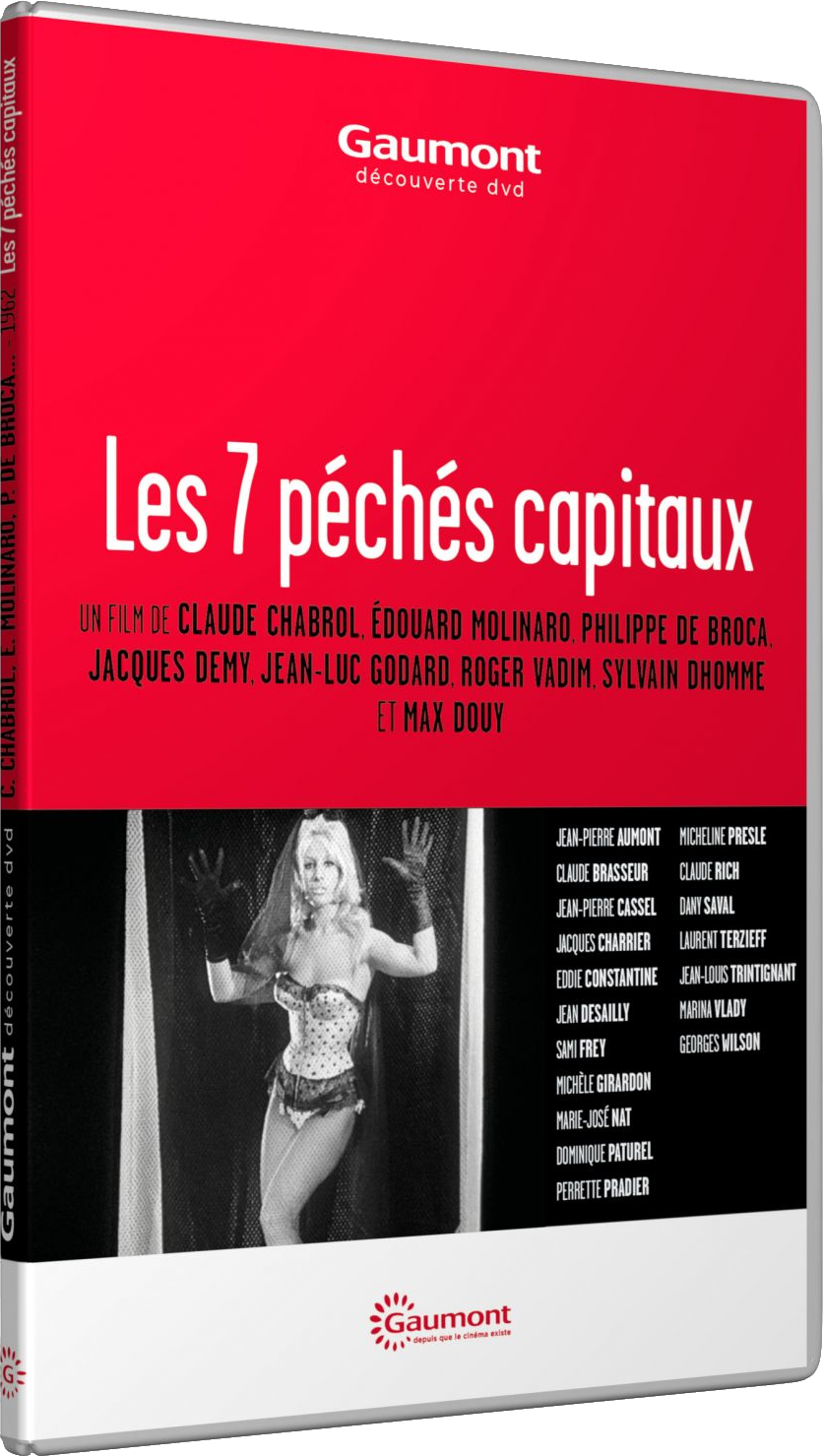 DVD-hoes voor "Les 7 péchés capitaux". Toont een blonde vrouw in een corset. Rood en wit kleurenschema.