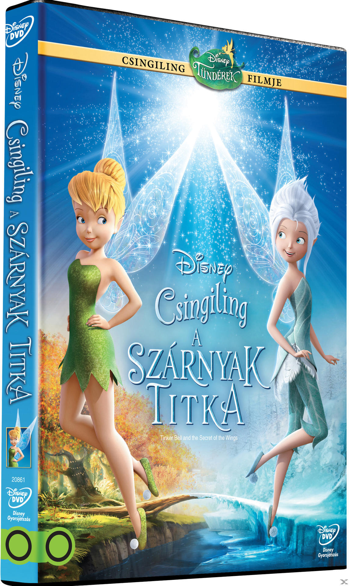 Tinker Bell és a szárnyak titka DVD tokja, két tündérrel kék háttér előtt.