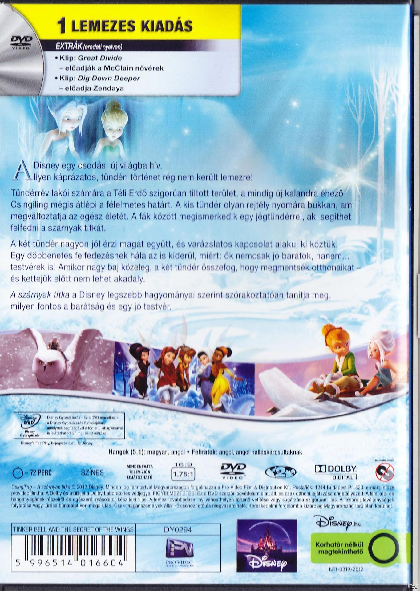 Egy DVD tok hátulja rajzolt tündérekkel, több nyelven írott szöveggel, és Disney logóval.