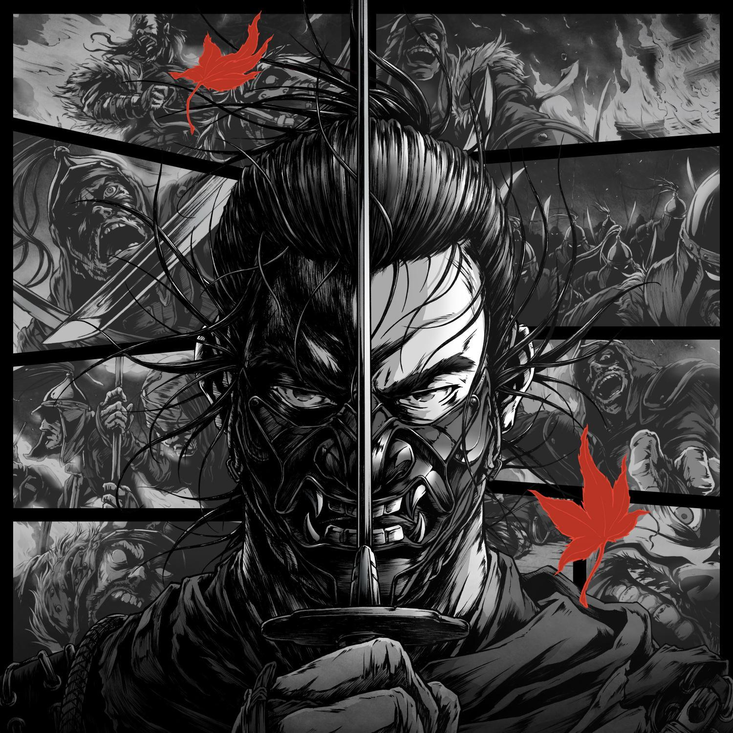 Schwarz-Weiß-Kunstwerk. Ein Samurai mit Schwert in der Mitte, umgeben von Kriegern und roten Blättern.