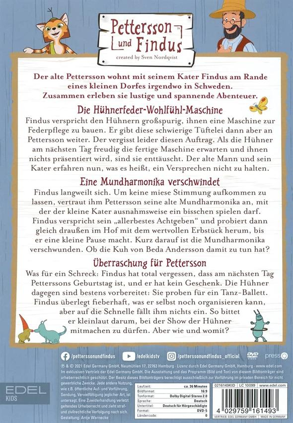 Rückseite der DVD-Hülle für Pettersson und Findus, mit Text und Illustrationen.