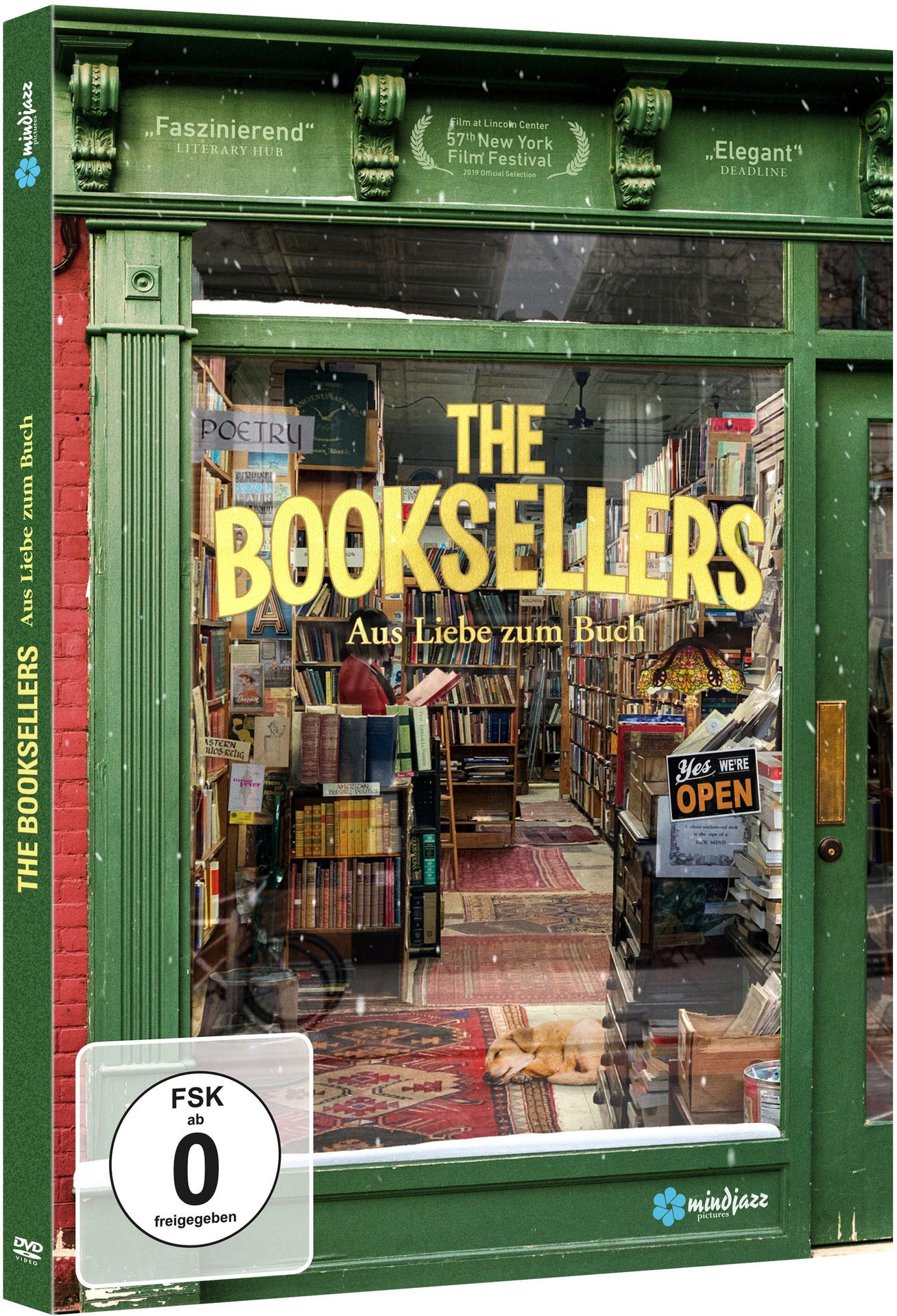 Die Vorderseite einer DVD-Hülle für 'The Booksellers', die einen Buchladen-Innenraum durch ein Fenster zeigt.