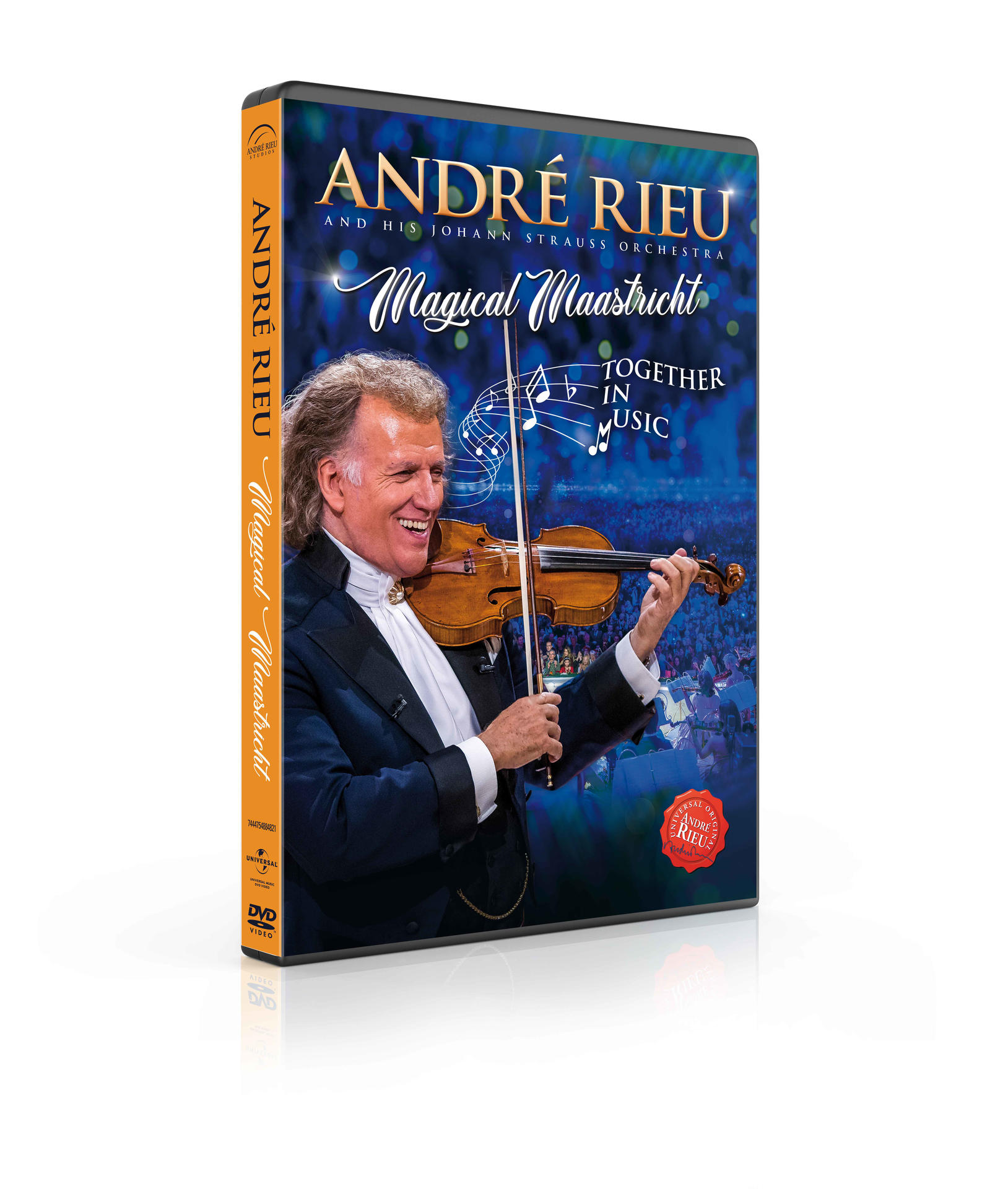 DVD-Hülle von André Rieu, der mit seinem Orchester Geige spielt.