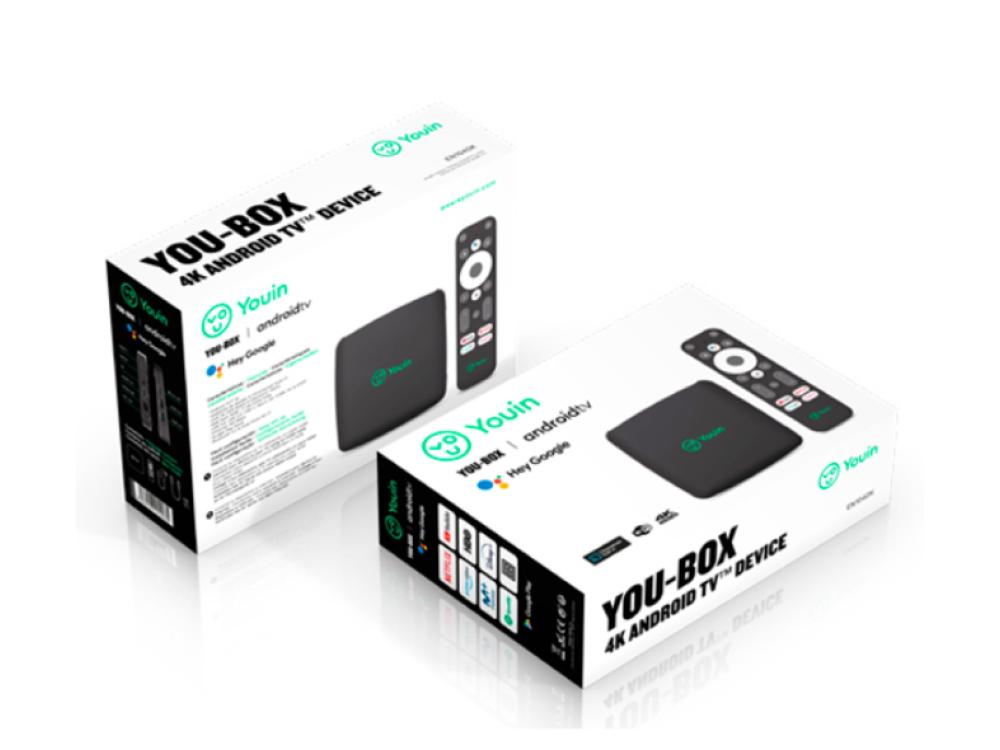 Dos cajas YOU-BOX 4K Android TV. Una caja está abierta, mostrando el dispositivo y el mando.