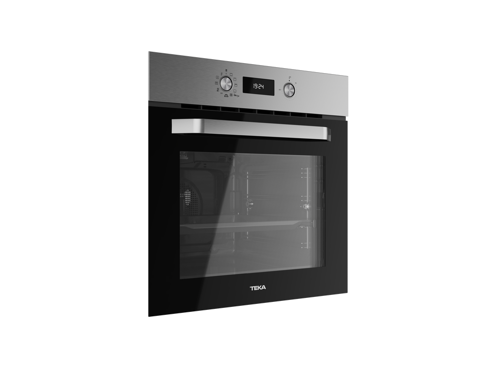 Horno de acero inoxidable con puerta negra y pantalla digital.