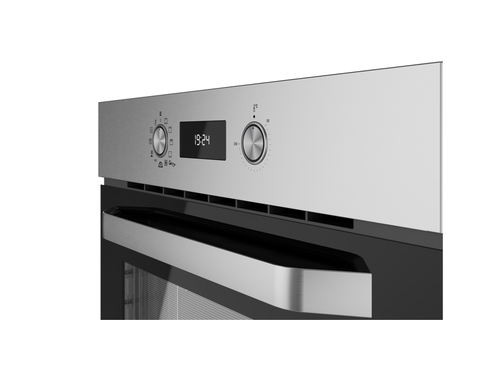 Panel de control de horno de acero inoxidable con pantalla digital que muestra 19:24.