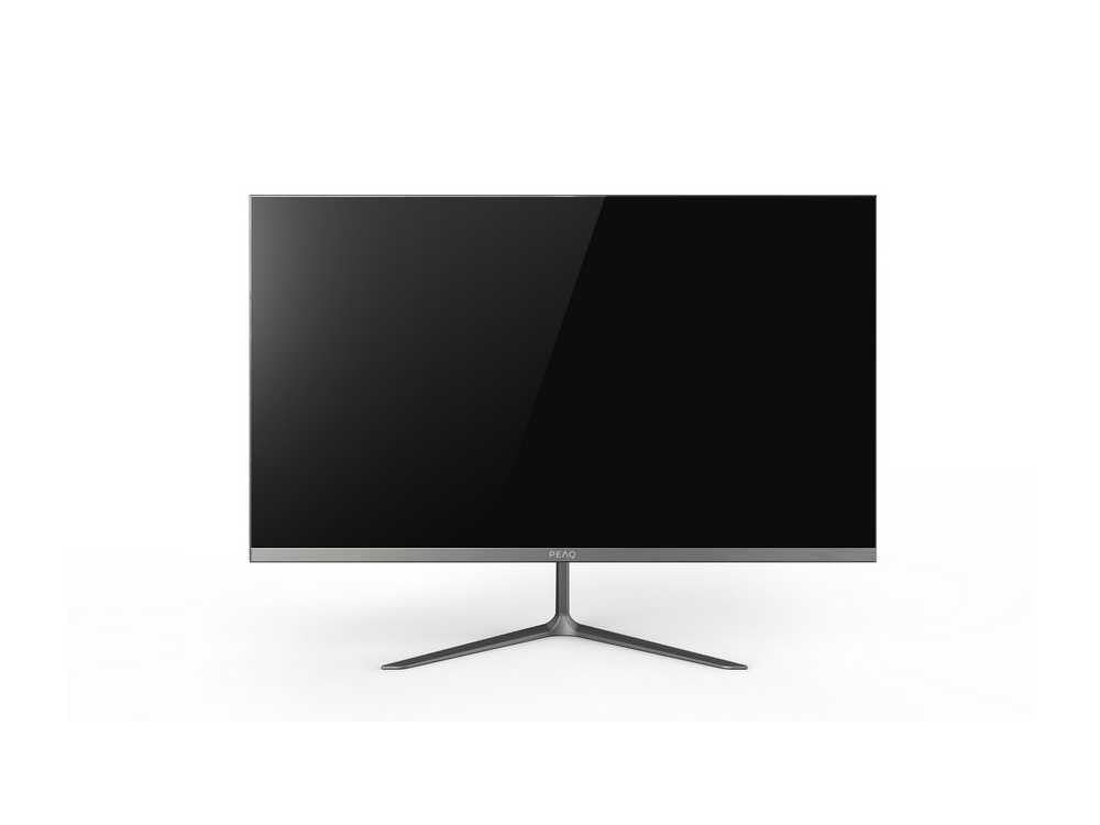 Un monitor con un bisel plateado delgado y una pantalla negra. Tiene un soporte único.