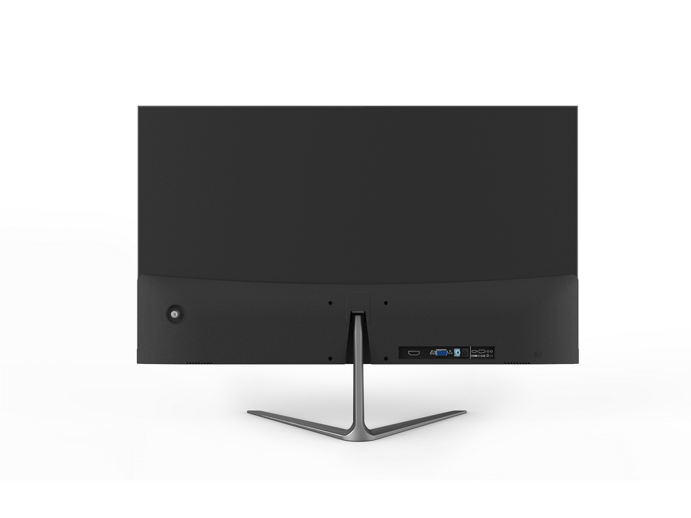 Monitor de computadora negro. Vista trasera mostrando puertos y soporte. La pantalla es negra con marco plateado.