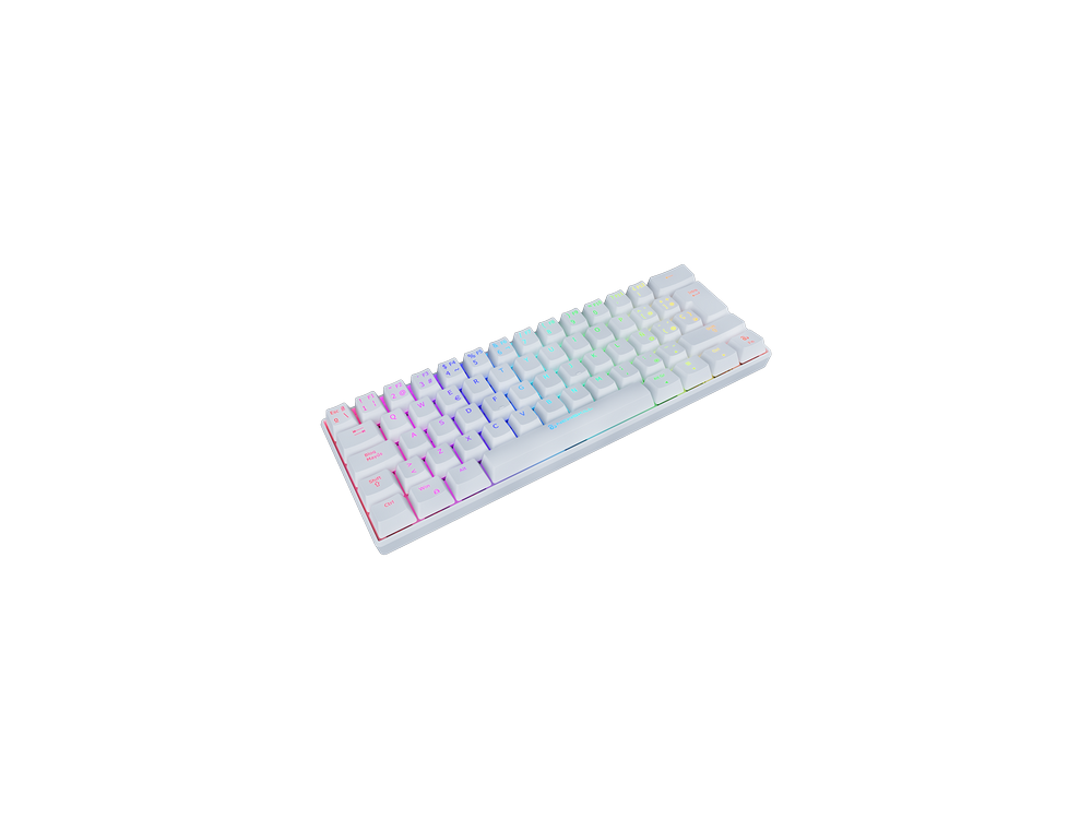 Un teclado blanco y compacto con teclas coloridas, mostrado sobre un fondo negro.