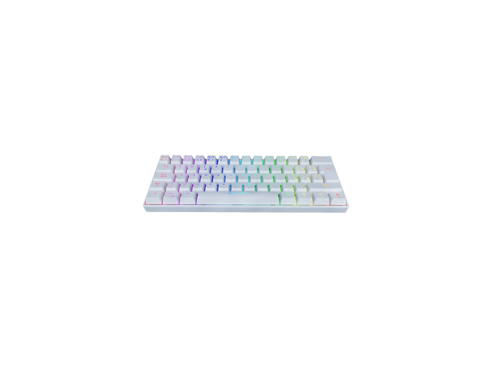 Teclado blanco con luces RGB. Tiene un diseño compacto, sin teclado numérico.