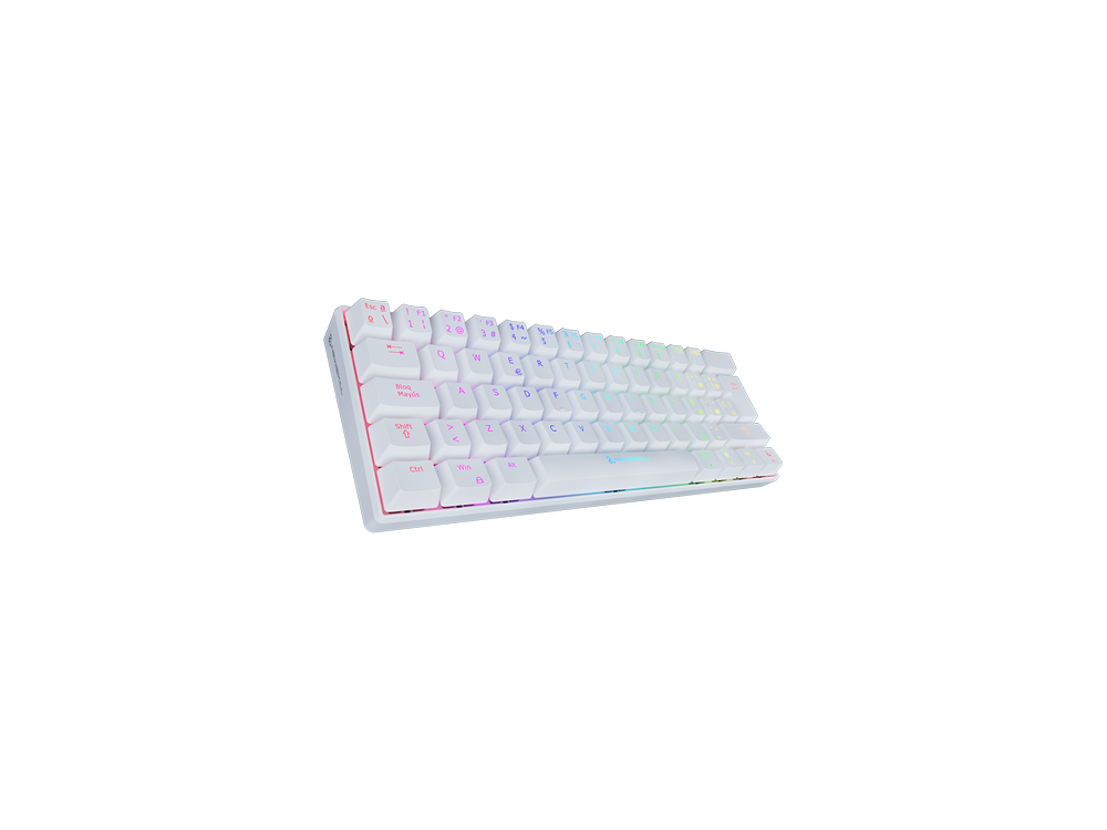 Teclado mecánico blanco y compacto con retroiluminación colorida, sobre un fondo negro.
