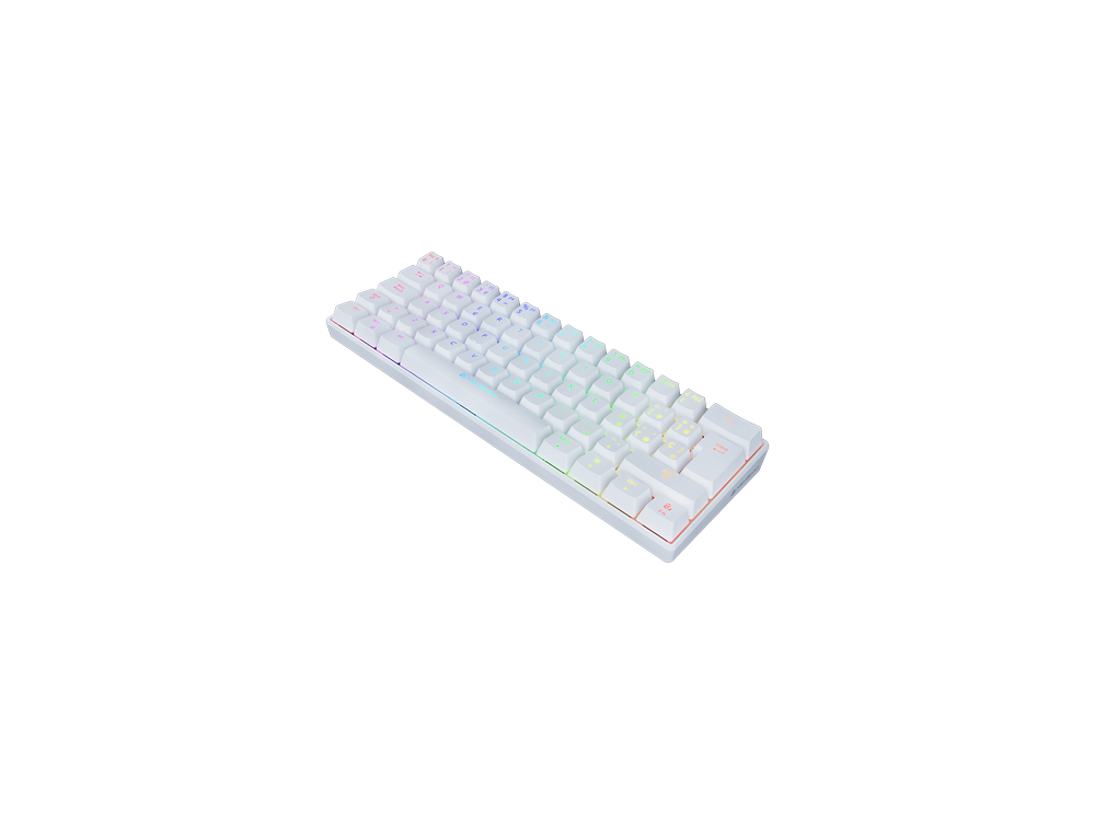 Un teclado mecánico blanco del 60% con teclas multicolores, sobre un fondo negro.