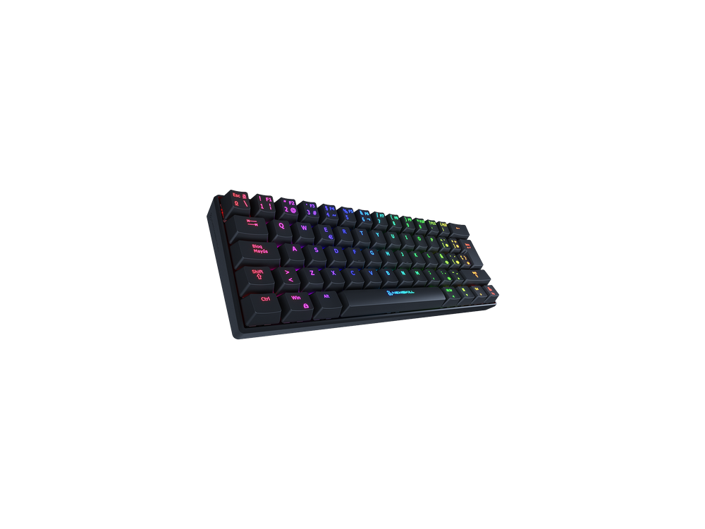 Teclado mecánico retroiluminado y colorido sobre fondo negro.