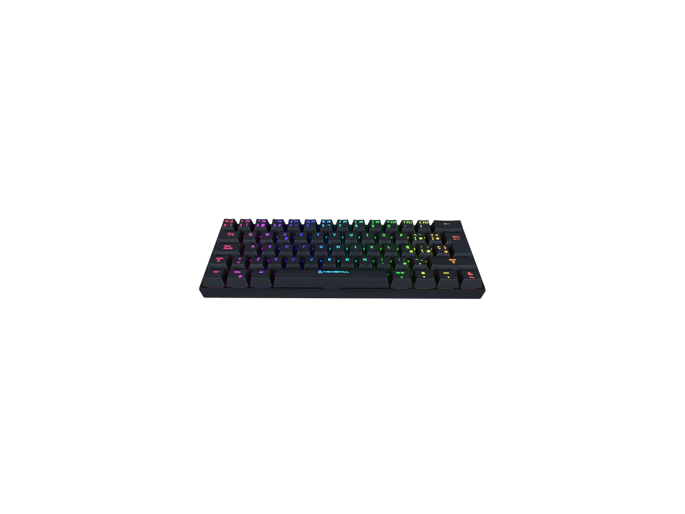 Un teclado de juegos negro con teclas de colores arcoíris sobre negro.