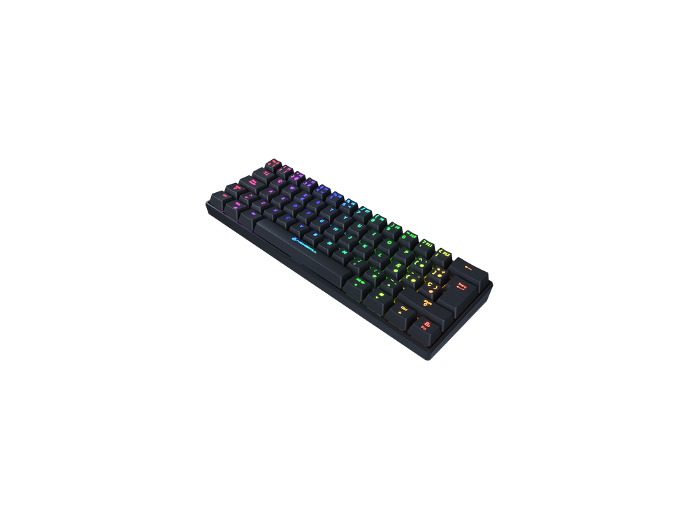 Teclado gaming negro con iluminación RGB. Las teclas son negras, con luces de colores. Vista en ángulo.