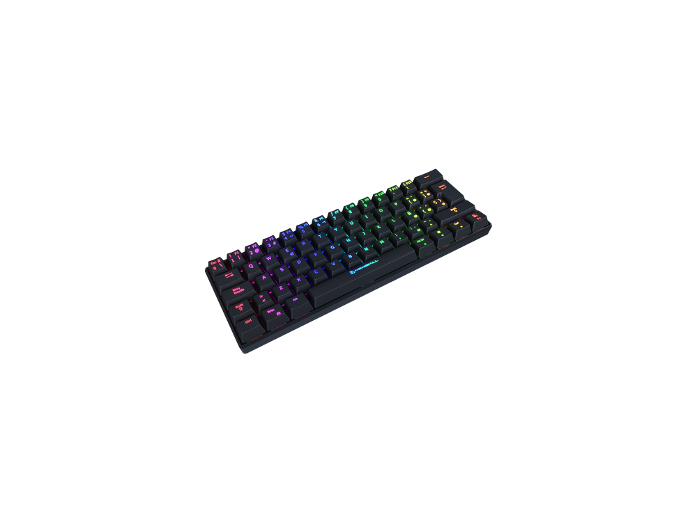 Un teclado negro y compacto con teclas de colores arcoíris, sobre un fondo negro.