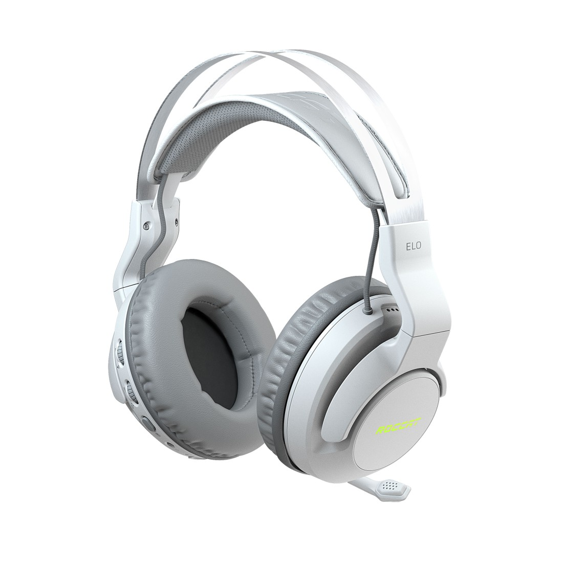 Ein weißes und graues Gaming-Headset. Es hat große Ohrmuscheln, ein Kopfband und ein Mikrofon. Der Hintergrund ist weiß.