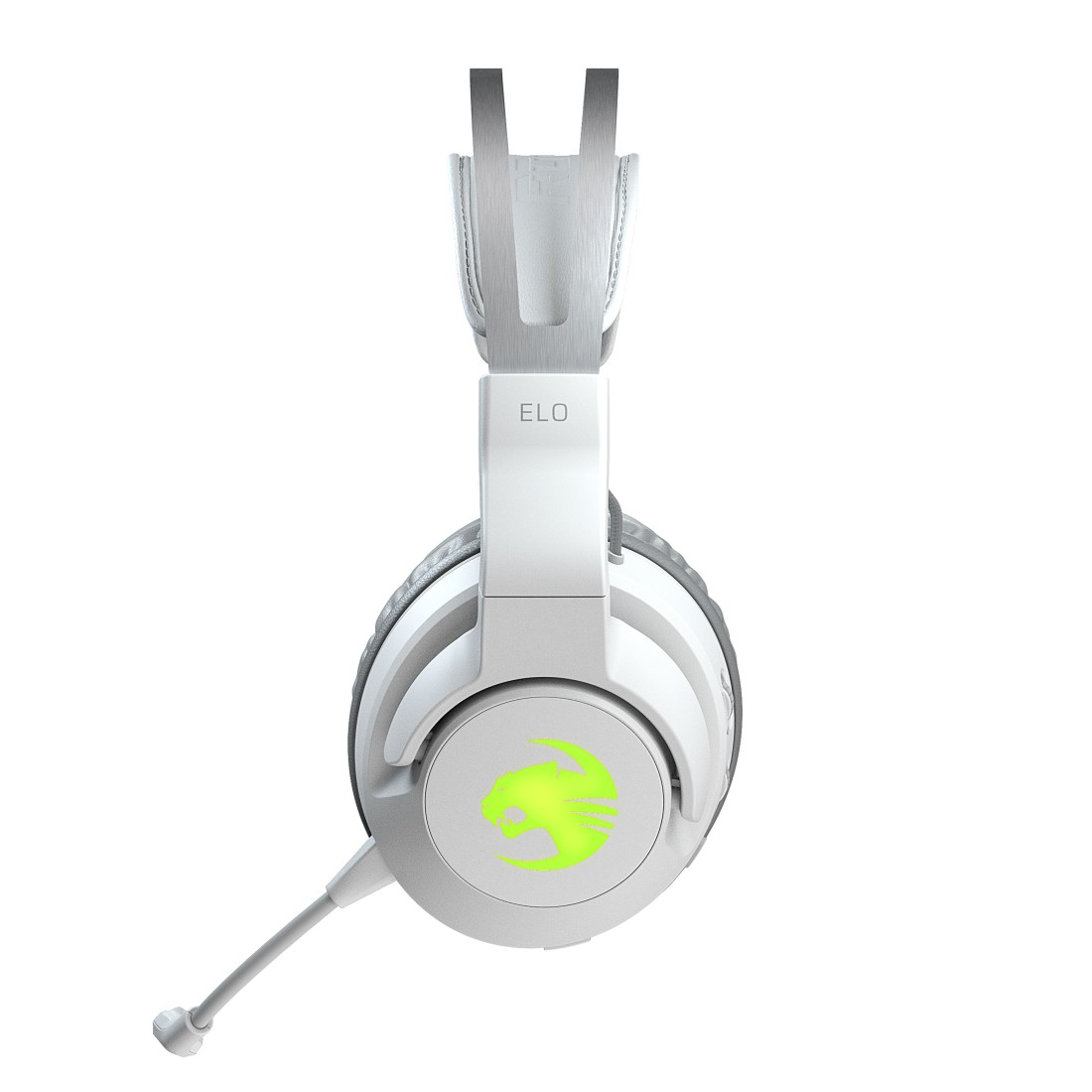 Weißes Gaming-Headset mit Mikrofon. Es hat das Wort 'ELO' oben und ein grünes Logo auf der Ohrmuschel. Isoliert auf weißem Hintergrund.