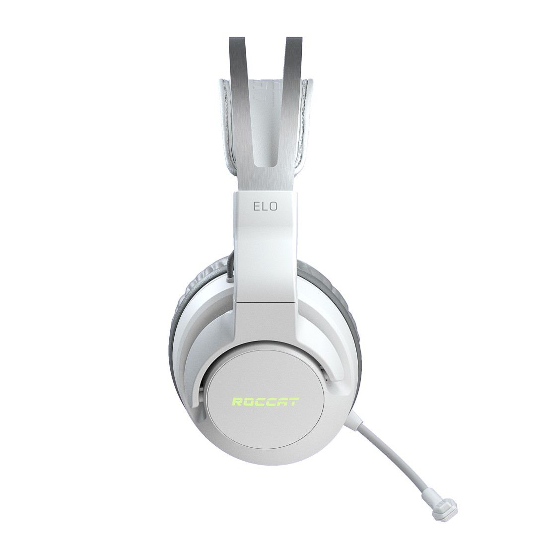 Ein weißes Roccat ELO Gaming-Headset, schräge Ansicht. Das Headset hat ein Mikrofon und das Markenlogo auf der Ohrmuschel.