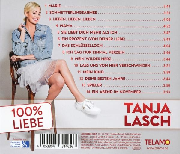 CD-Cover mit blonden Frau, Titel '100% Liebe', Trackliste und Details.