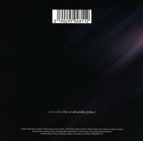 Barcode und Text auf schwarzem Hintergrund. Der Text lautet 'new order live at alexandra palace'.