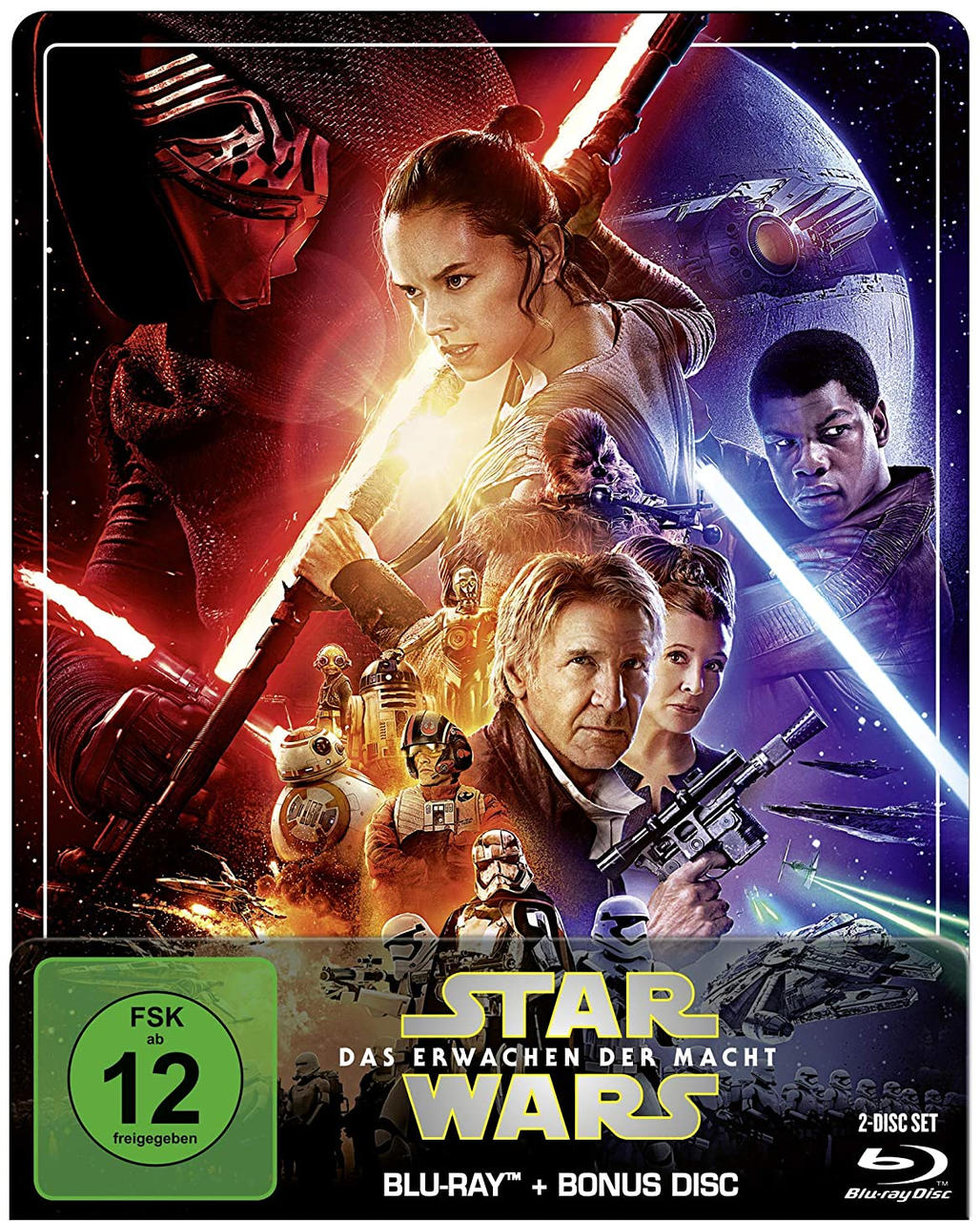 Blu-ray-Cover mit einer Gruppe von Schauspielern, einem Star Wars-Titel und einer Weltraum-Szene.