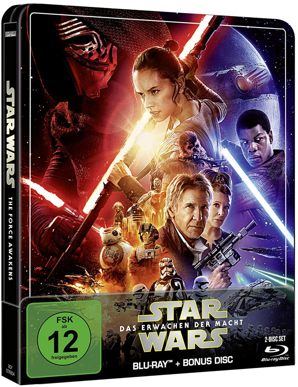 Blu-ray-Hülle von 'Star Wars: Das Erwachen der Macht' mit Schauspielern und dunklem Hintergrund.