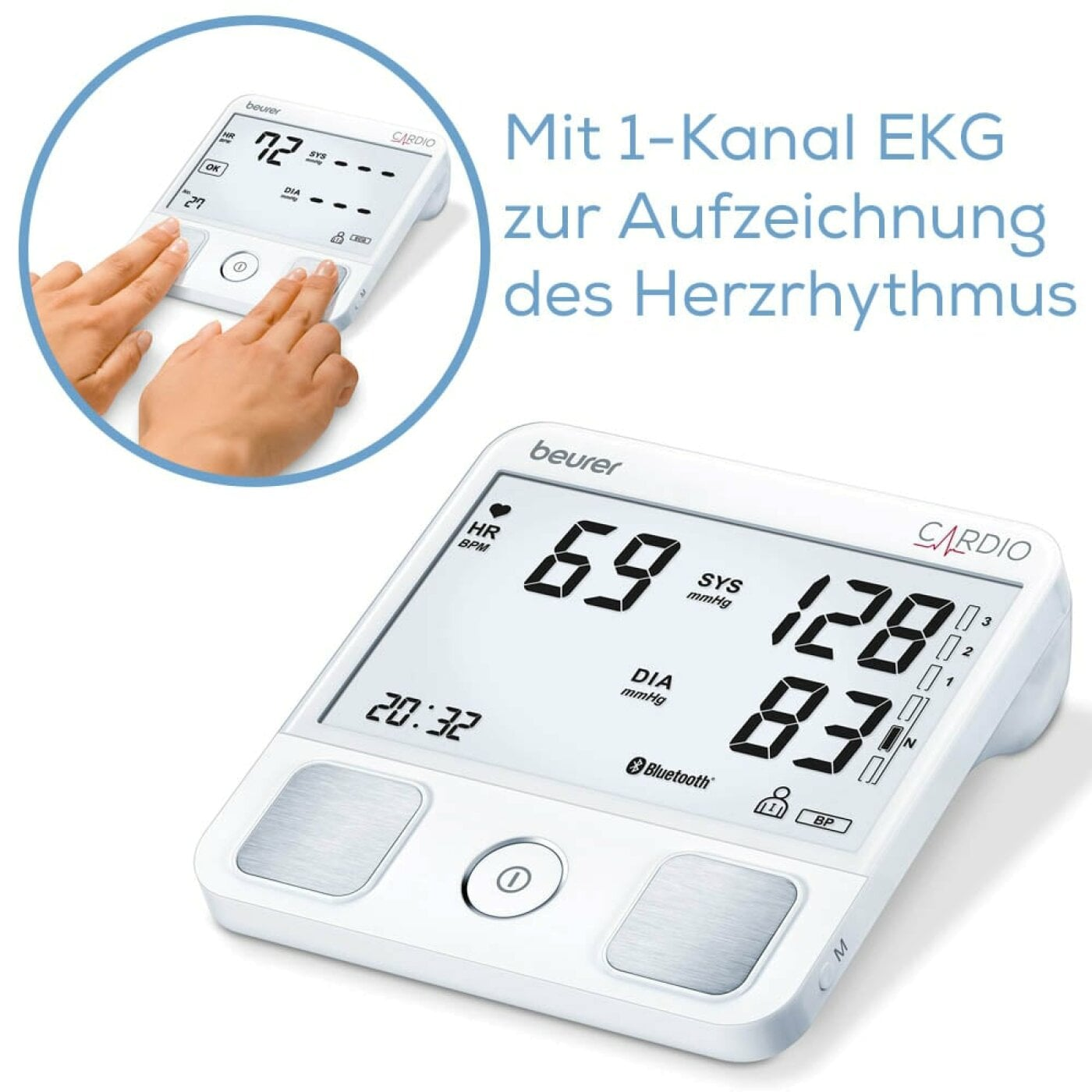 Weißes Blutdruckmessgerät. Anzeige zeigt Herzfrequenz und Blutdruckwerte.