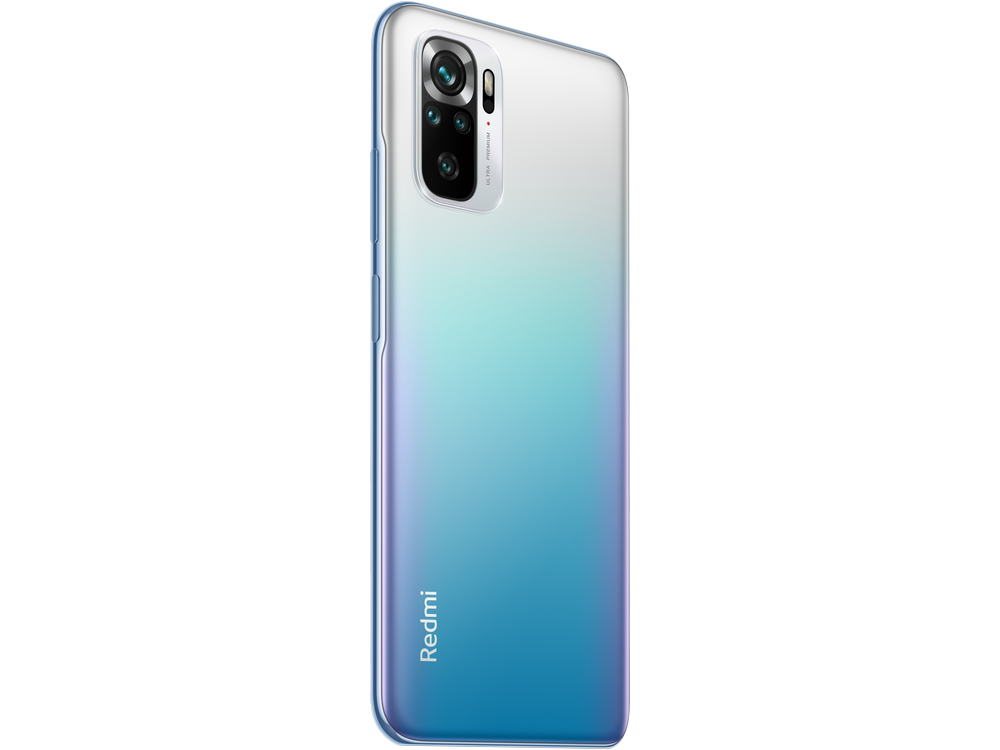 Teléfono Redmi con parte trasera degradada, azul abajo y blanco arriba.