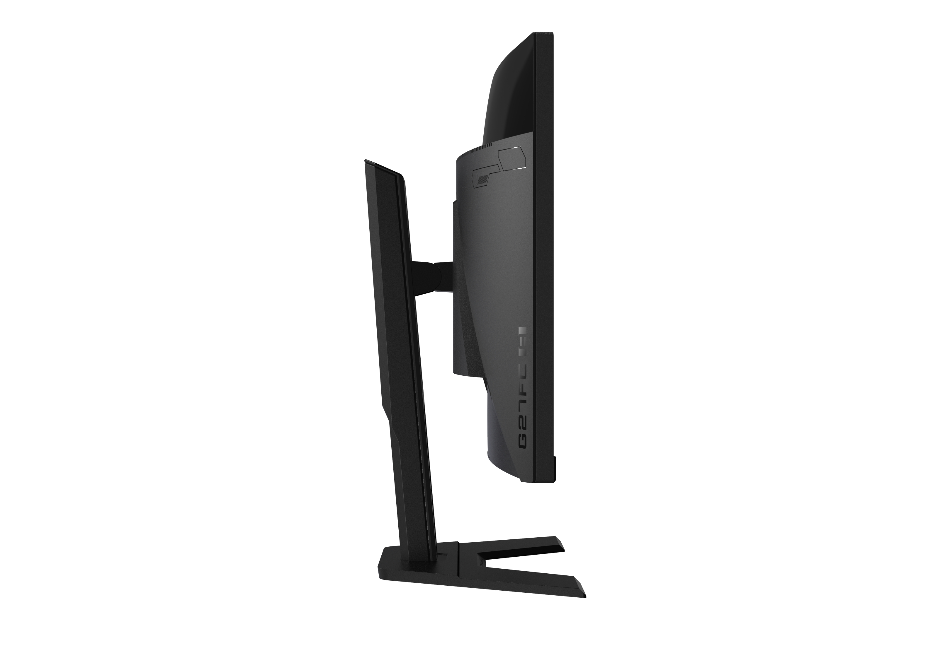 Seitenansicht eines schwarzen Computermonitors auf einem Ständer, mit schwarzem Hintergrund.