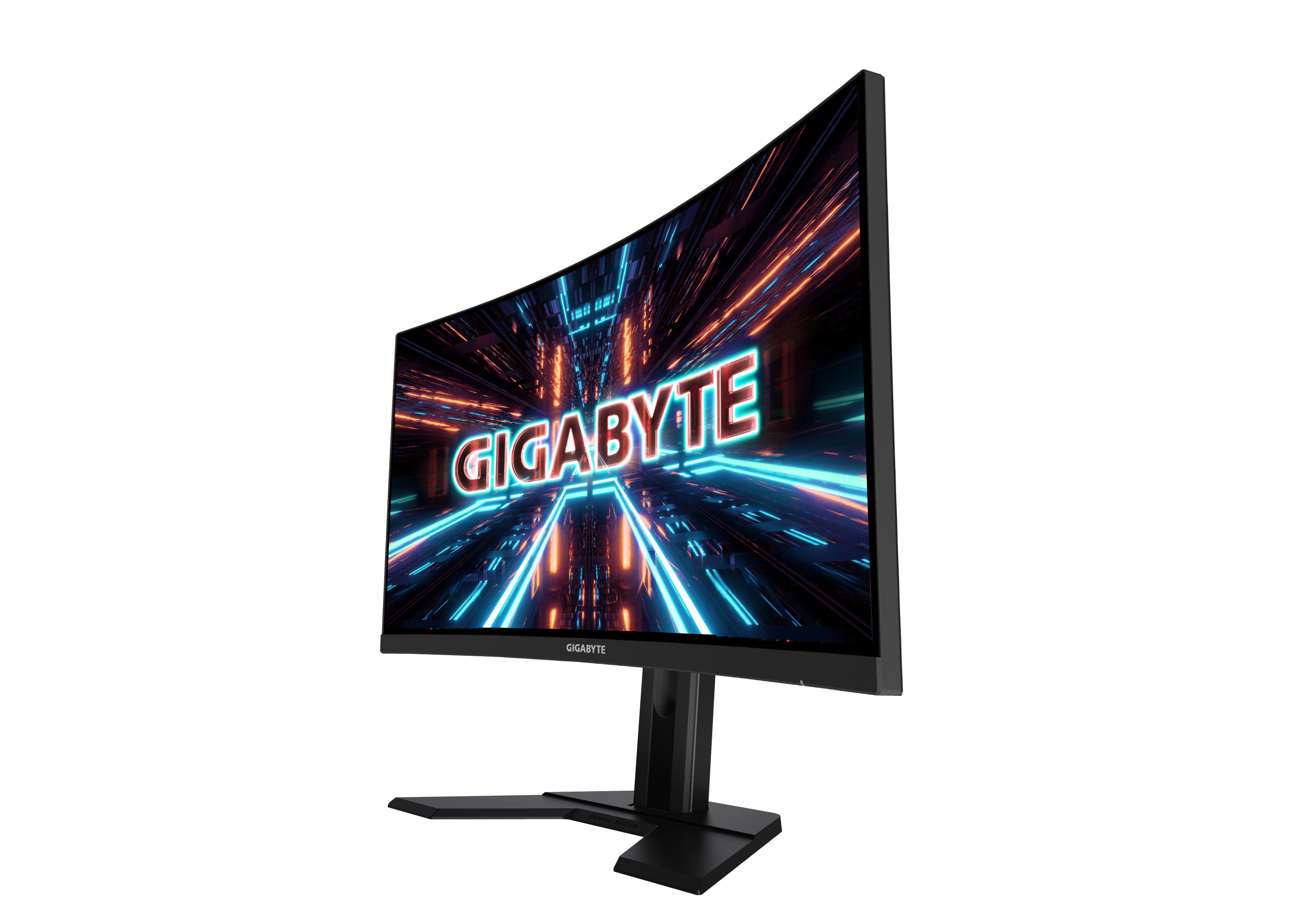 Ein gebogener Gigabyte-Monitor mit einer farbenfrohen Spielszene, mit einem schwarzen Ständer.