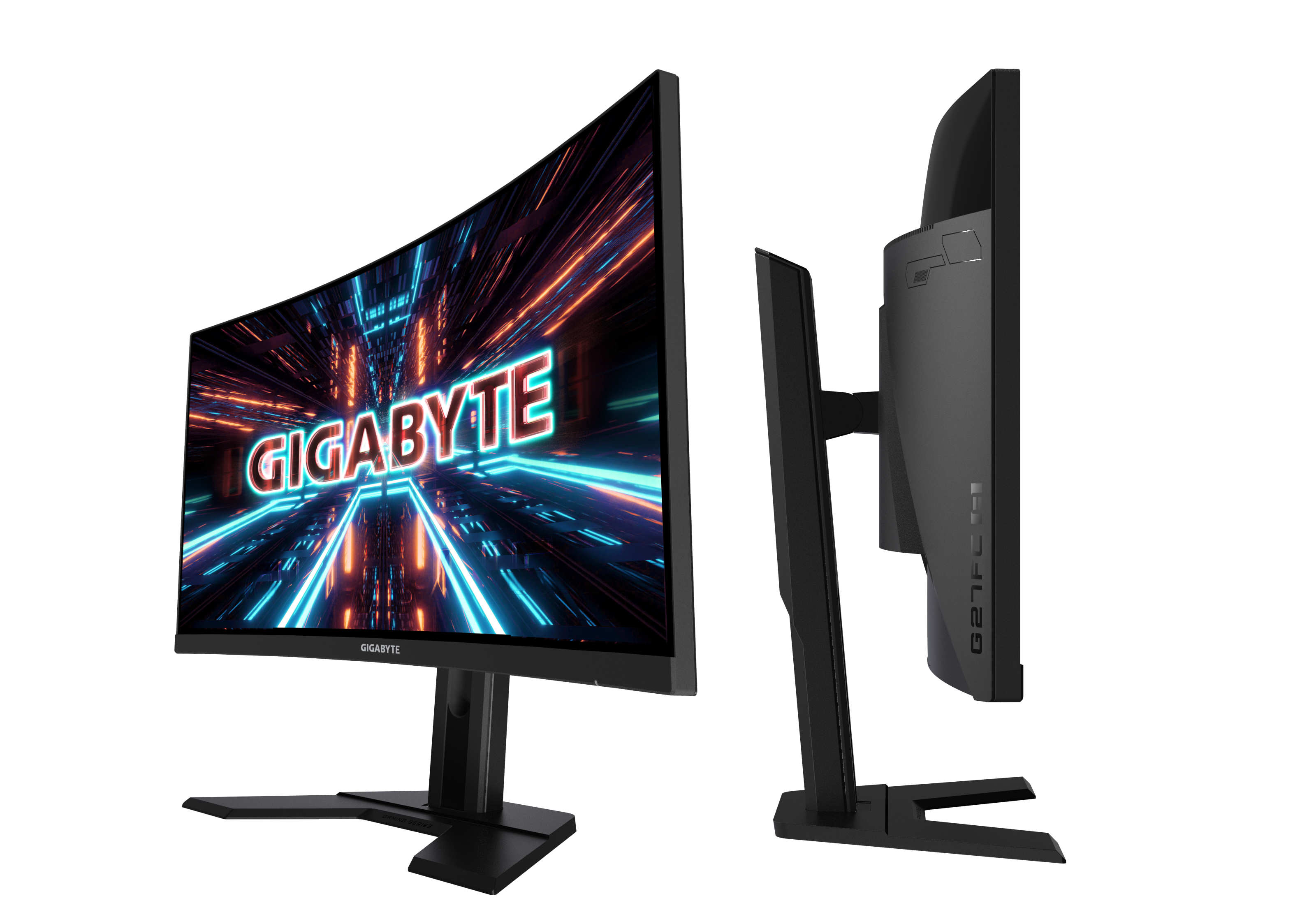 Gebogener Gigabyte Monitor. Schwarz, mit Ständer. Anzeige mit buntem, abstraktem Bild.