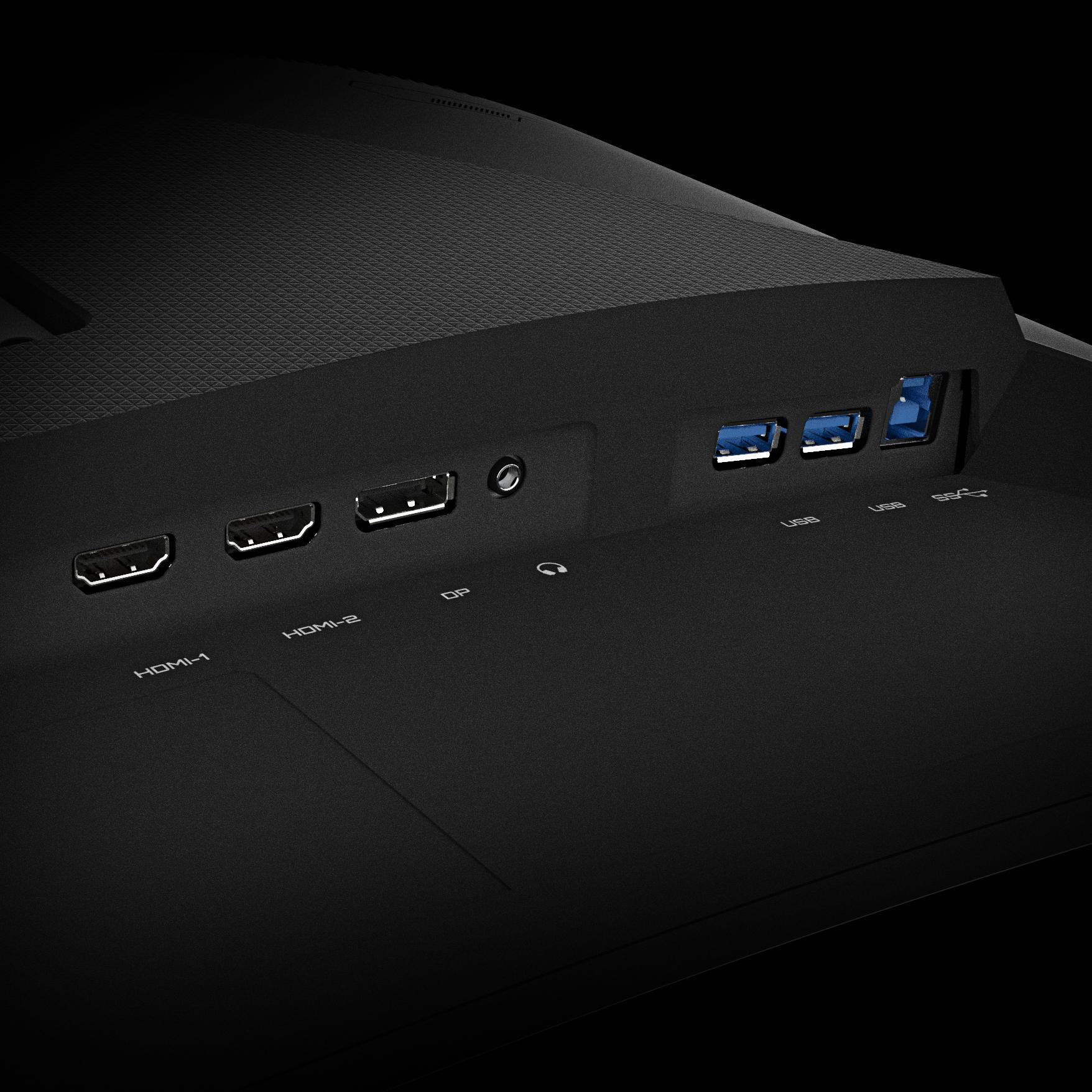 Nahaufnahme der Rückseite eines schwarzen Monitors mit mehreren Anschlüssen, darunter HDMI-, USB- und Stromanschlüsse.