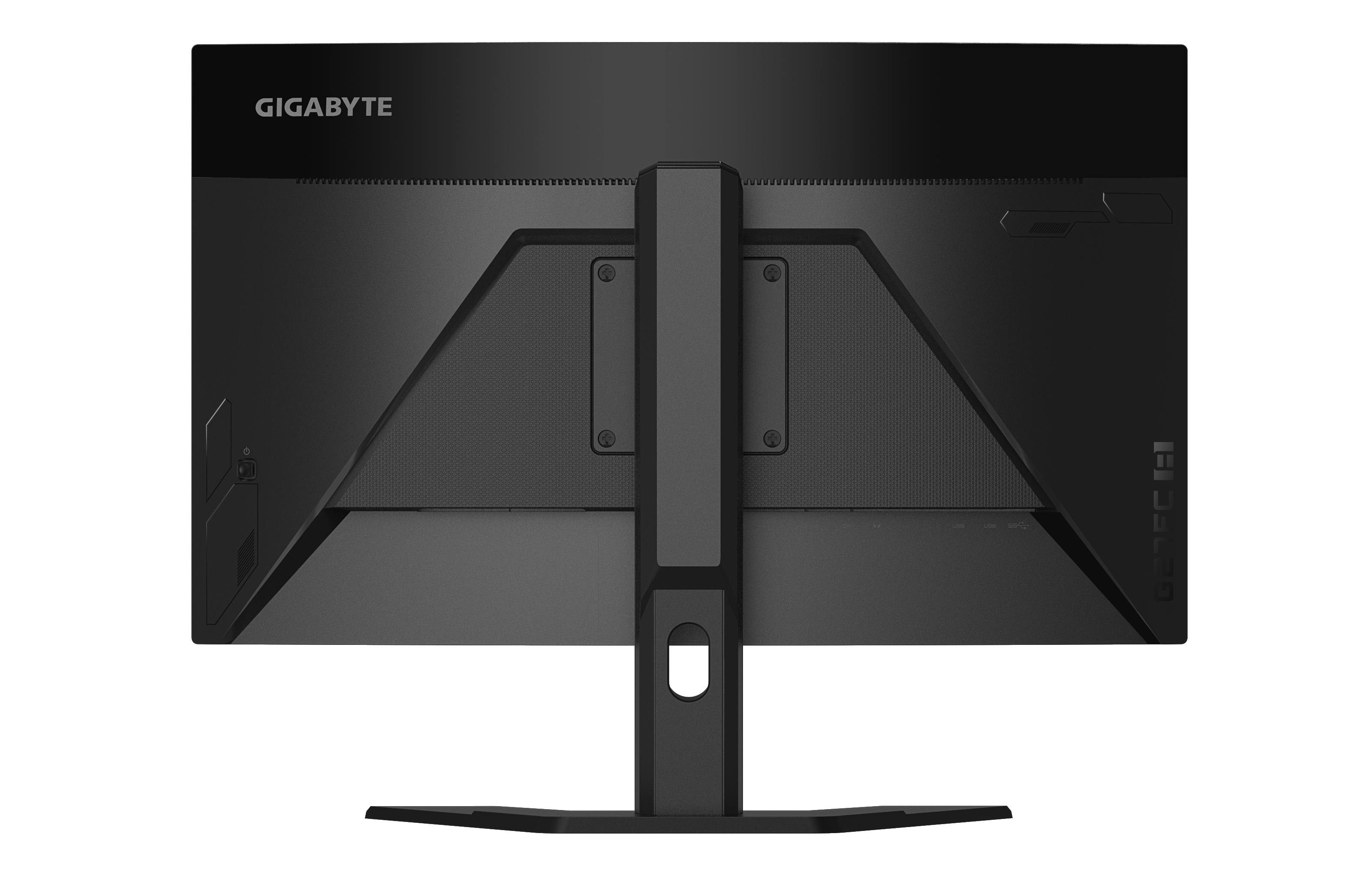 Die Rückseite eines schwarzen Gigabyte Monitors. Der Ständer ist sichtbar.